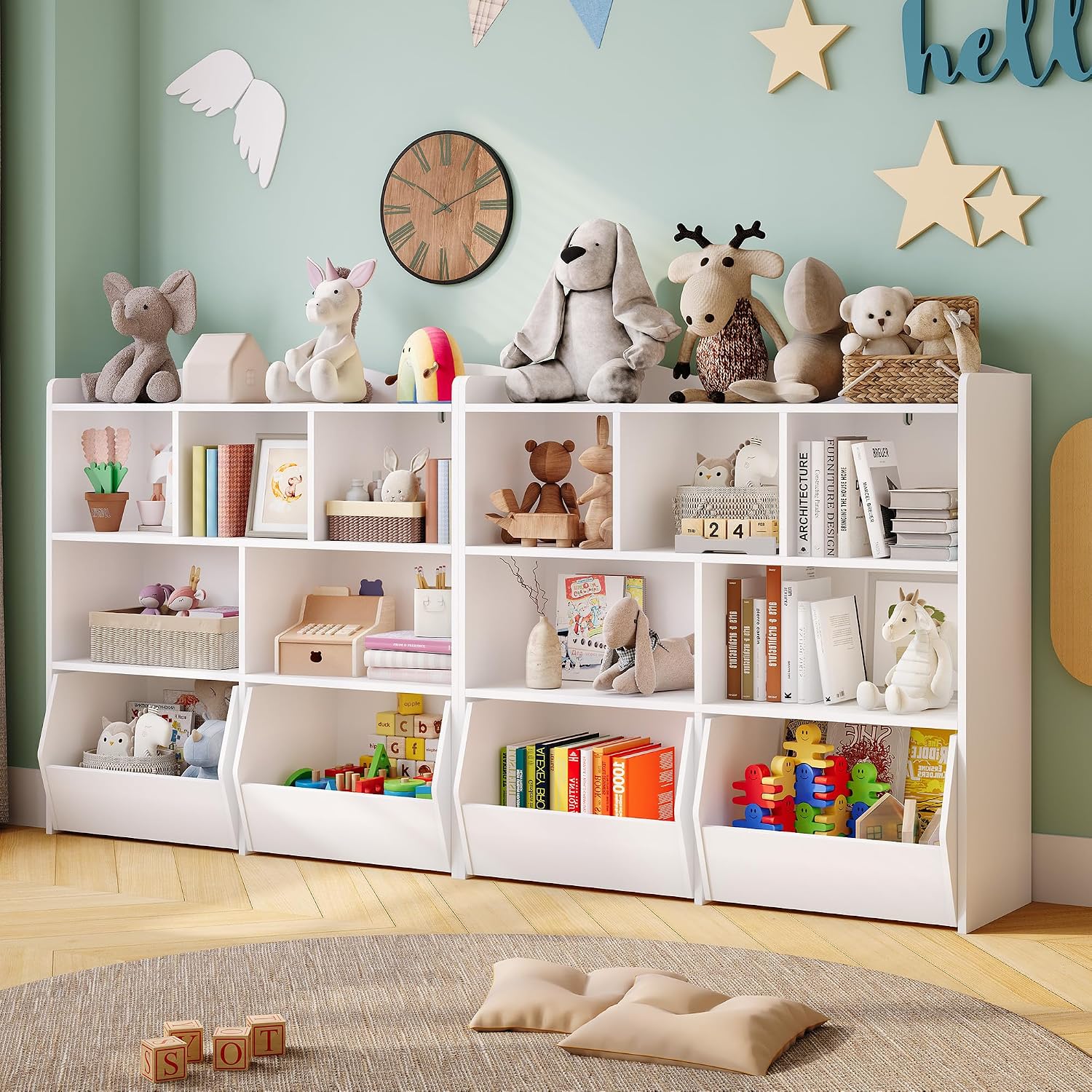 IDEALHOUSE Toy Storage Organizer with Movable Drawers, Kids Bookshelf with Hidden Wheels and 5 Open Cubbies, Multifunctional Storage Cabinet Chest for Playroom
