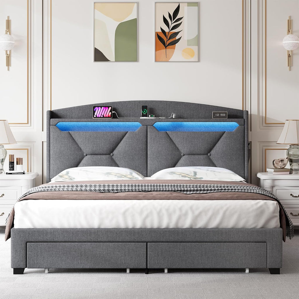 Full Bed Frame with Storage Headboard, Upholstered LED Bed Frame with 2 Storage Drawers Charging Station,Wood Slats Support, No Box Spring Needed, Noise Free, Grey