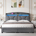 Full Bed Frame with Storage Headboard, Upholstered LED Bed Frame with 2 Storage Drawers Charging Station,Wood Slats Support, No Box Spring Needed, Noise Free, Grey