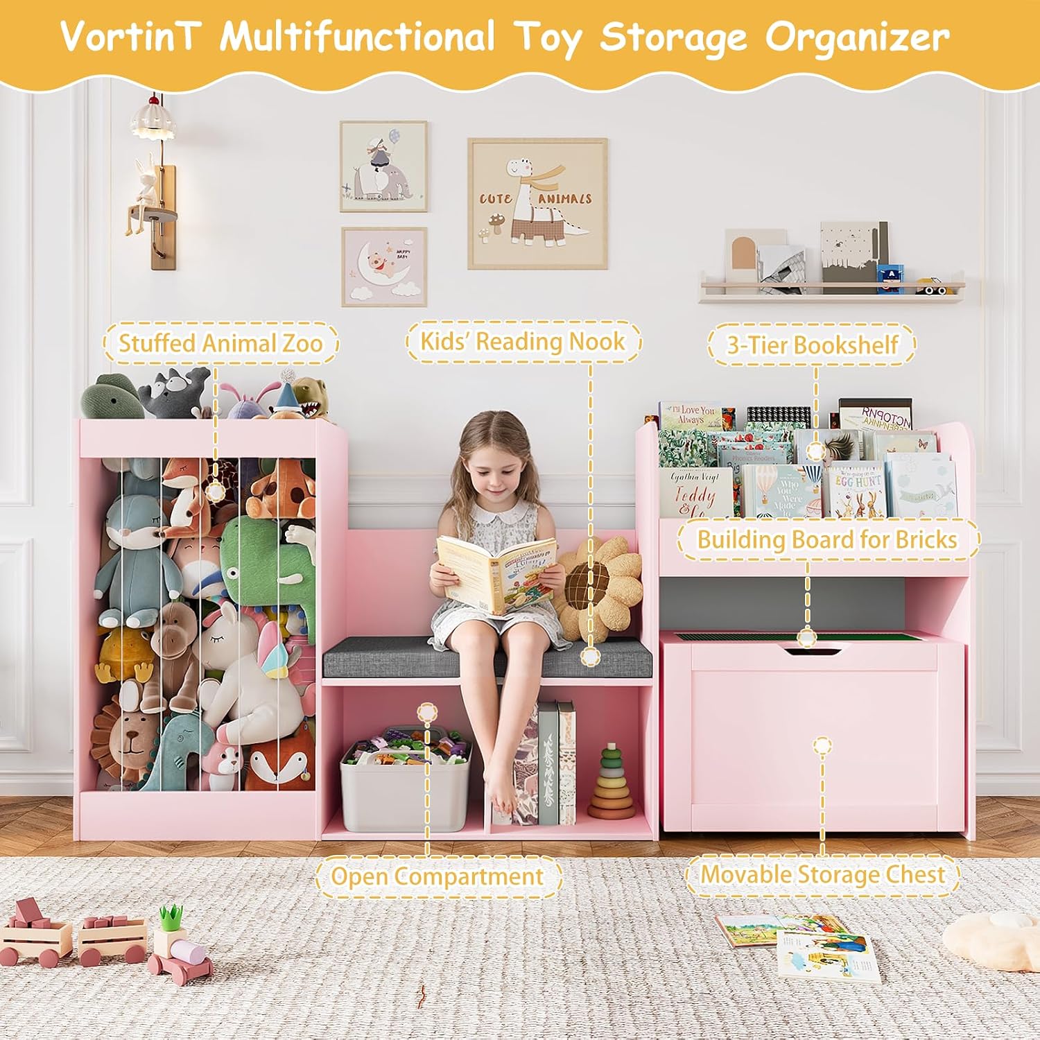 68.9'W Kids Toy Storage, Large Bookshelf with Reading Nook, Removable Building Baseplate Lid for Lego, Rolling Drawers, Stuffed Animal Storage, Bench and Removable Cushions for Playroom(Pink)