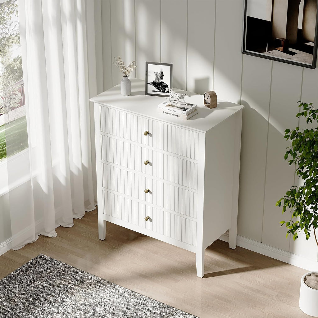 RoyalCraft White Fluted 4 Drawer Dresser for Bedroom, Modern Chest of Drawers, Wood Dresser for Storage Clothes, Wooden Storage Cabinet Nightstand for Bedroom, Hallway, Living Room, Entryway