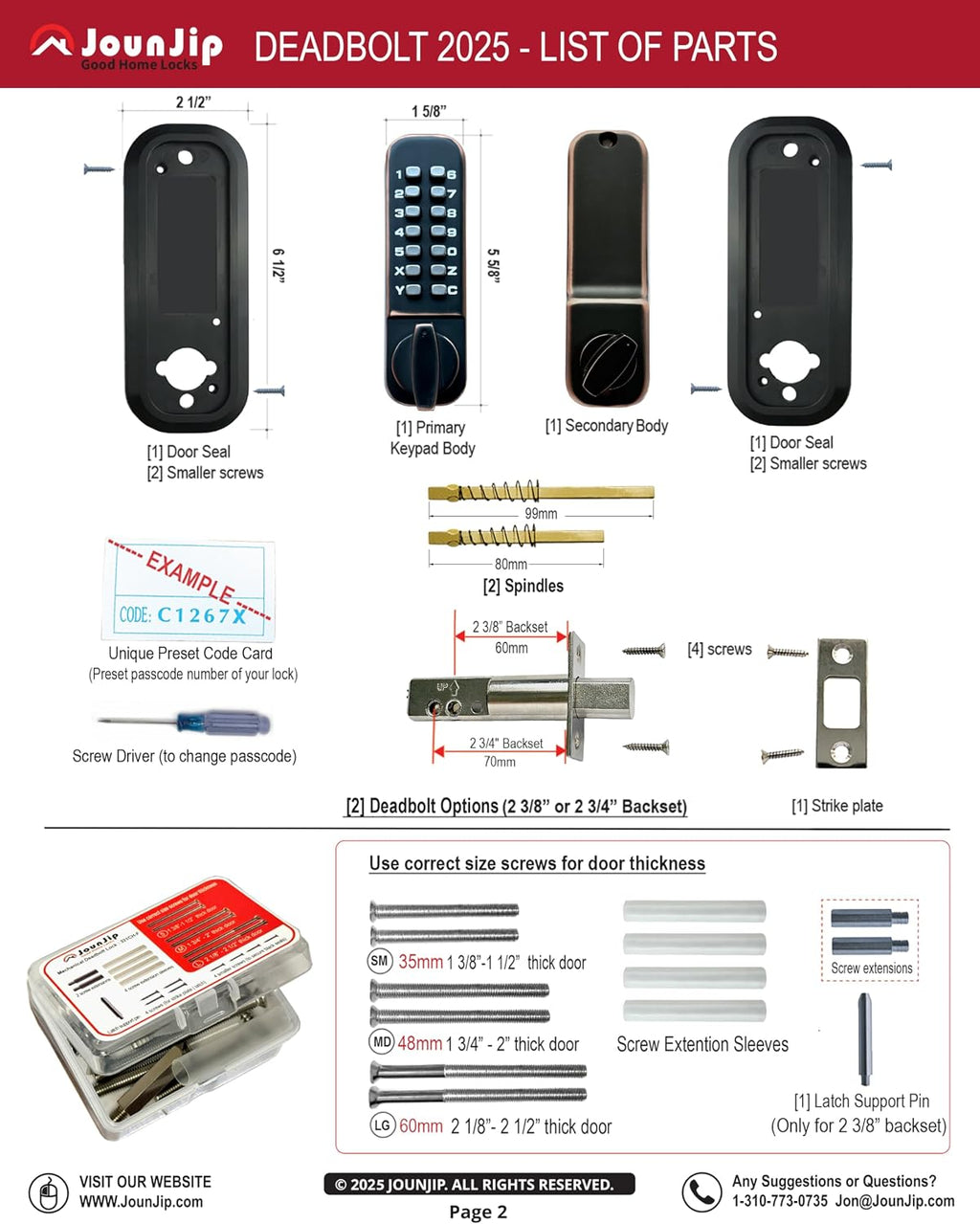 JOUNJIP Mechanical Deadbolt Lock - Keyless Entry Door Lock - Code NOT Required When Locking – 100% Mechanical with Flat Spindle, Thumb Turn Door Knob - Oil-Rubbed Bronze [Upgraded 2025]