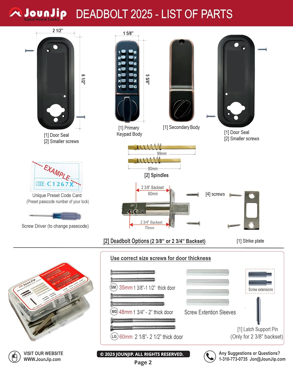 JOUNJIP Mechanical Deadbolt Lock - Keyless Entry Door Lock - Code NOT Required When Locking – 100% Mechanical with Flat Spindle, Thumb Turn Door Knob - Oil-Rubbed Bronze [Upgraded 2025]