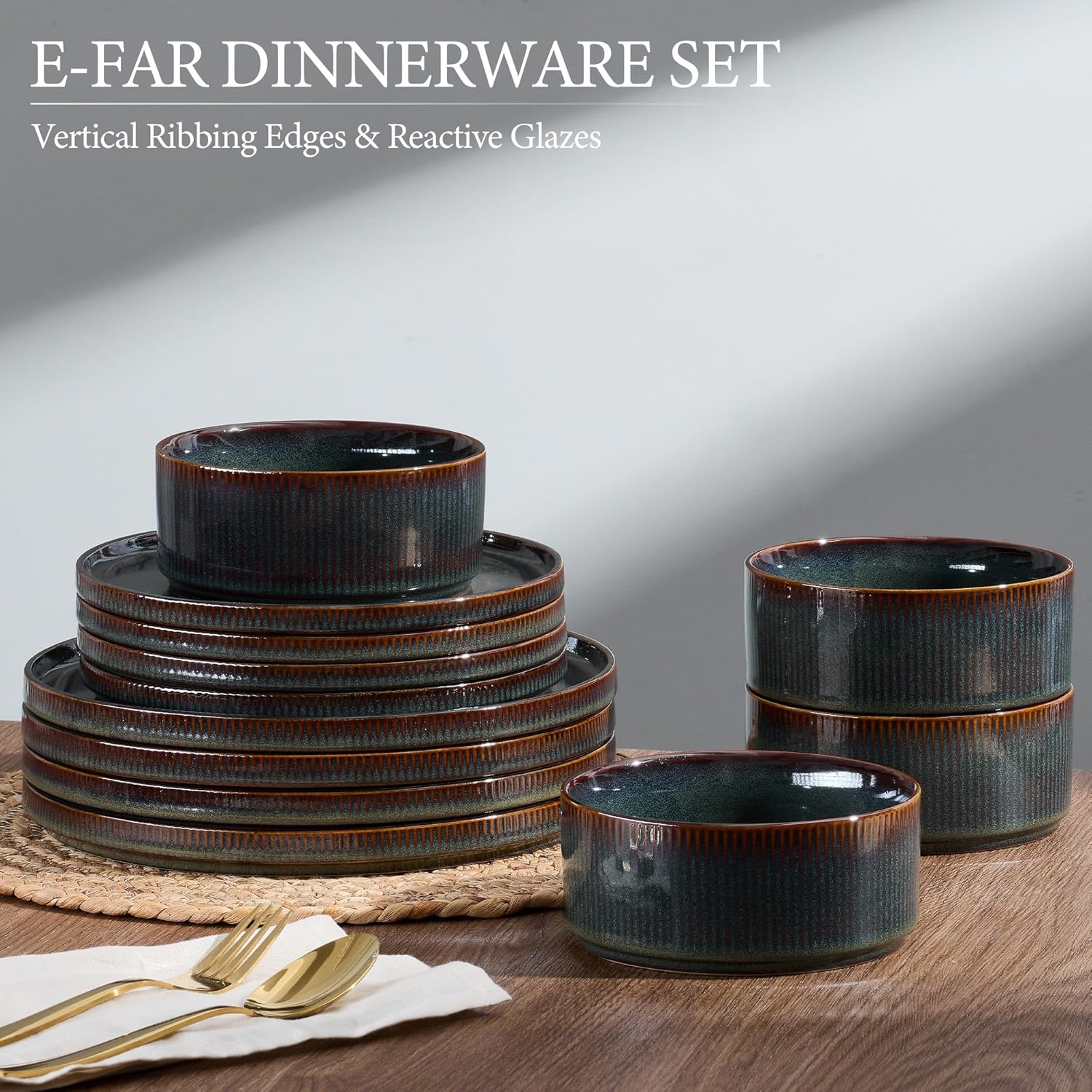 E-far 24-Piece Stoneware Dinnerware Sets, Plates and Bowls Sets for 8, Kitchen Modern Dinning Porcelain Dishes Set, Chip & Scratch Resistant, Dishwasher & Microwave Safe, Blackish Green