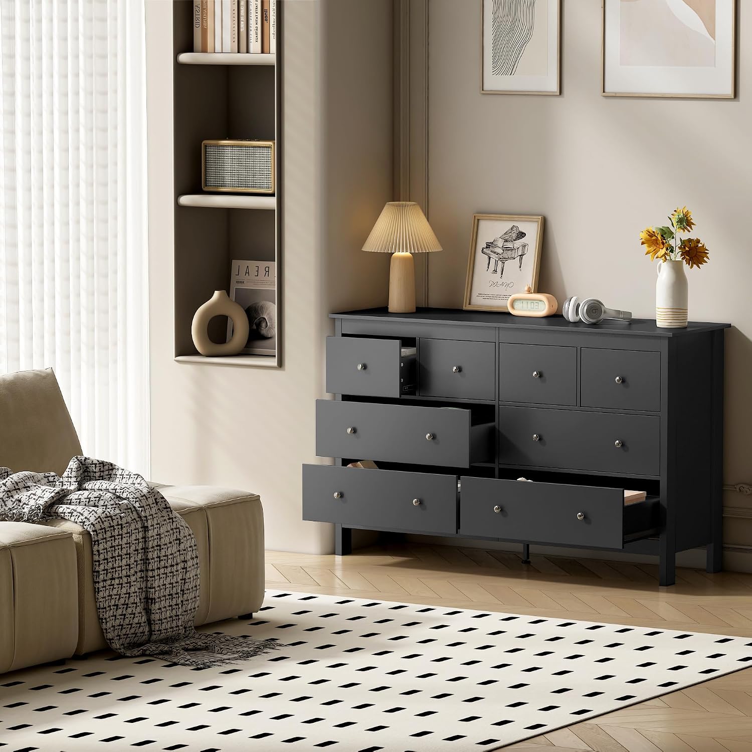 wanan 8 Drawer Dresser, 50' Modern Black Dressers Chests of Drawers, 8 Drawers Wide Dresser for Bedroom