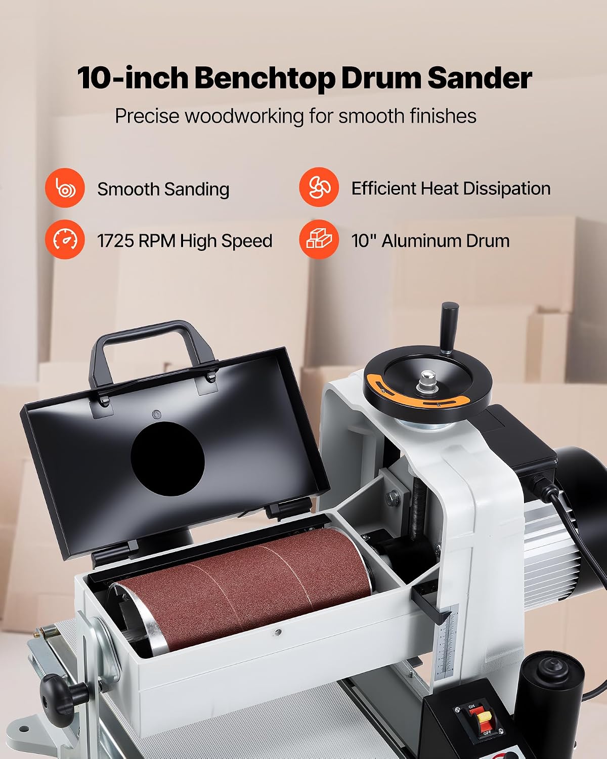 VEVOR 10' Benchtop Drum Sander, 1HP 1725RPM Dual Motor Drum Sander for Woodworking - Variable Speed Conveyor Belt & 4' Dust Collection Port for Cabinet Making & Furniture Finishing