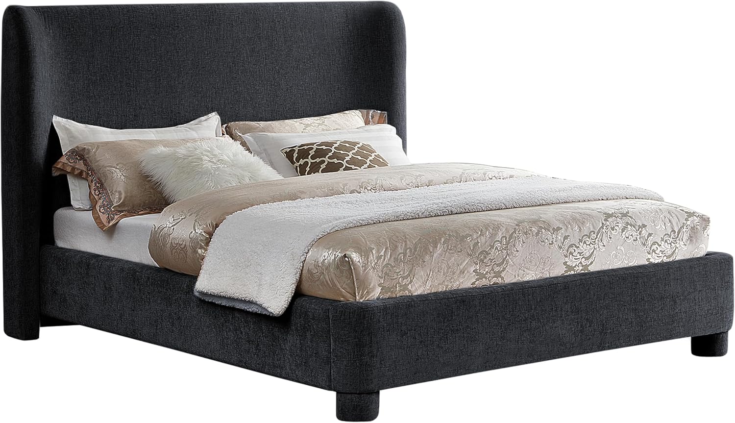Meridian Furniture B1207Black-Q Penny Collection Modern | Contemporary Queen Bed with Rich Black Chenille Fabric, Curved Headboard, 73' W x 88' D x 52' H, Black, Queen