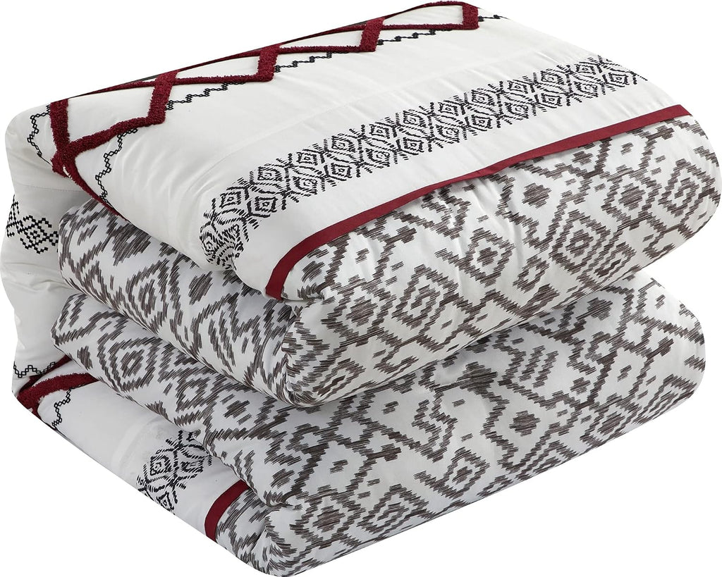 Grand Avenue White Red Comforter Set California King Size, 7 Piece Terry Embroidery All Season Bedding Set, Bedskirt, Pillows & Shams