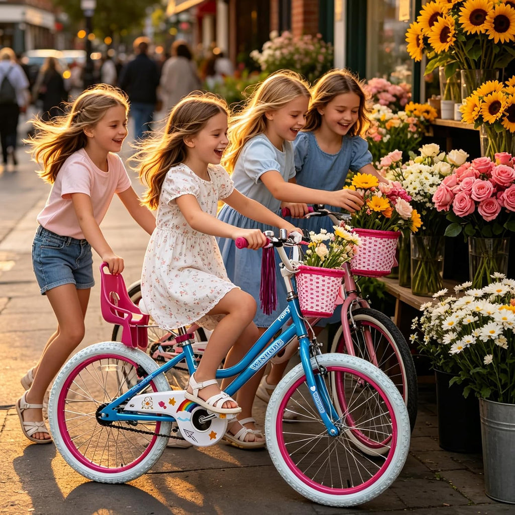 WinHope Girls Bike with Doll Seat, 12 14 16 18 20 Inch Kids Bike for 2-12 | Dual Brake with Training Wheels / Kickstand & Streamers Birthday Gift for Toddler Outdoor Riding, Multiple Colors
