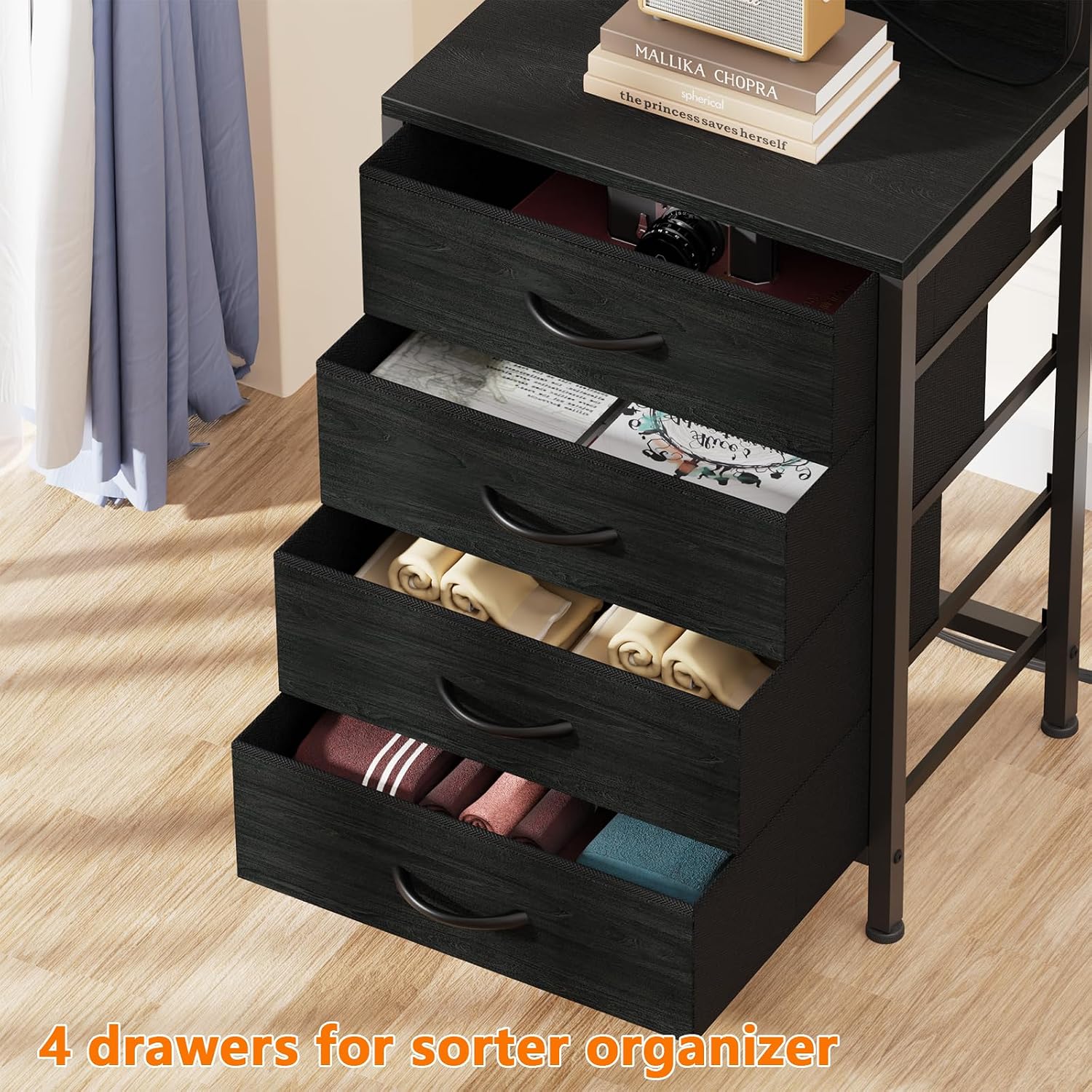 Furnulem Night Stand Set 2, Tall Nightstand with Charging Station and LED Lights, Bedside Tables with 4 Fabric Drawers and Storage Shelves, Black Nightstand Set of 2 for Bedroom (Black Oak)