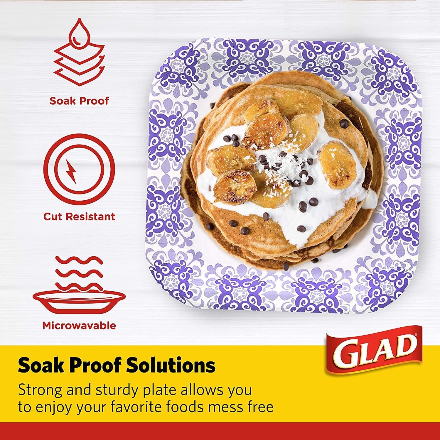 Glad Square Heavy Duty Paper Plates, Soak Proof and Cut Proof Disposable Plates for Parties and Everyday Meals, Microwaveable for Easy Serving, Purple Victorian Pattern, 8.5 Inch, 50 Count - 12 Pack