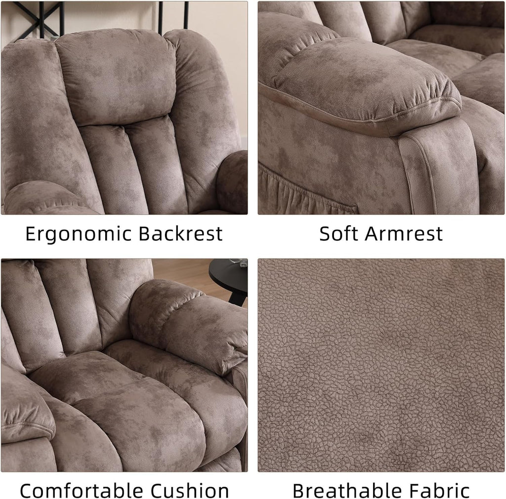 EBELLO Manual Recliner Chair with Massage and Heat, Soft Fabric Massage Recliner for Adults with Hidden Cup Holders, Side Pocket, Overstuffed Single Reclining Sofa for Living Room, Brown