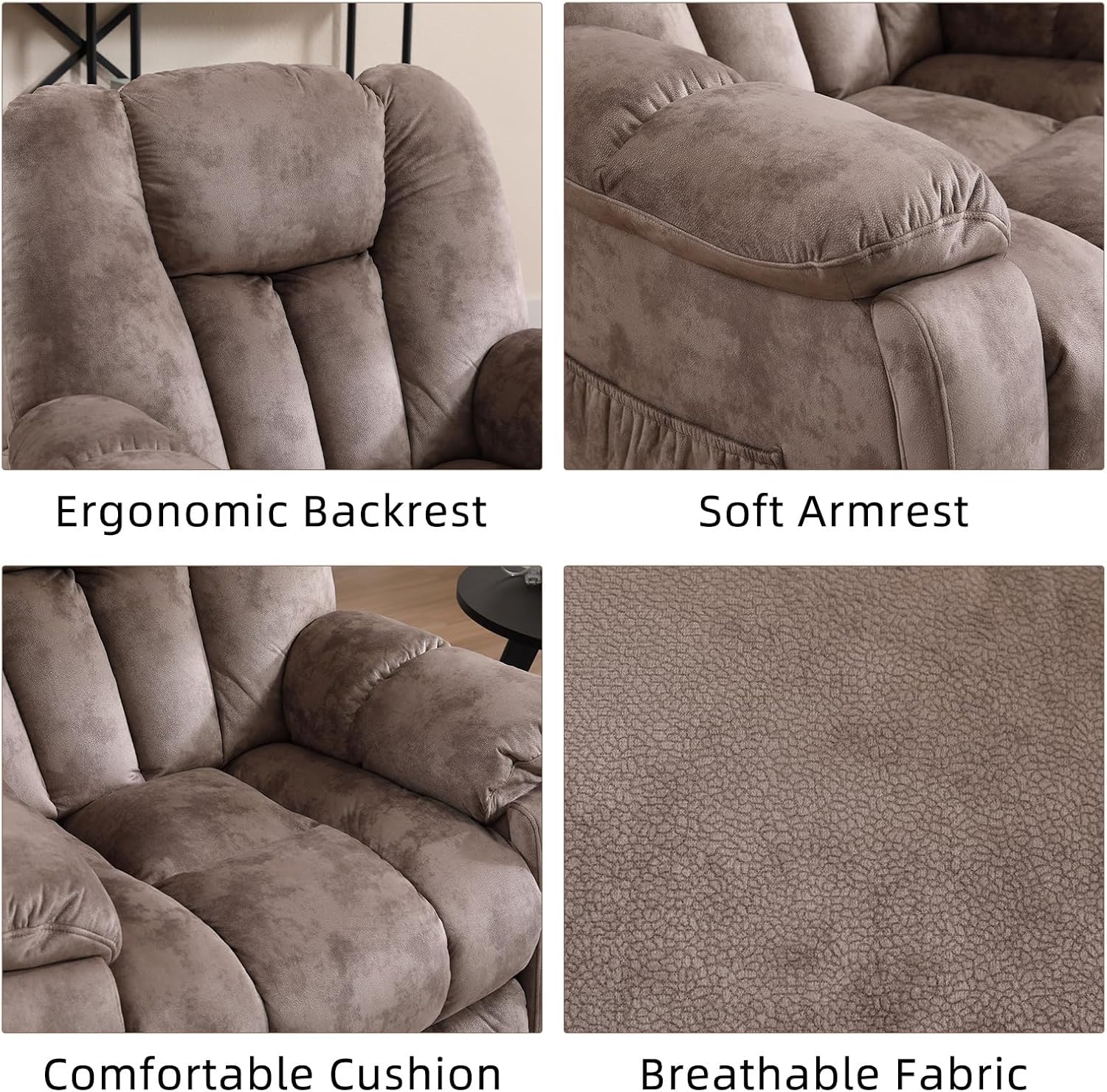 EBELLO Manual Recliner Chair with Massage and Heat, Soft Fabric Massage Recliner for Adults with Hidden Cup Holders, Side Pocket, Overstuffed Single Reclining Sofa for Living Room, Brown