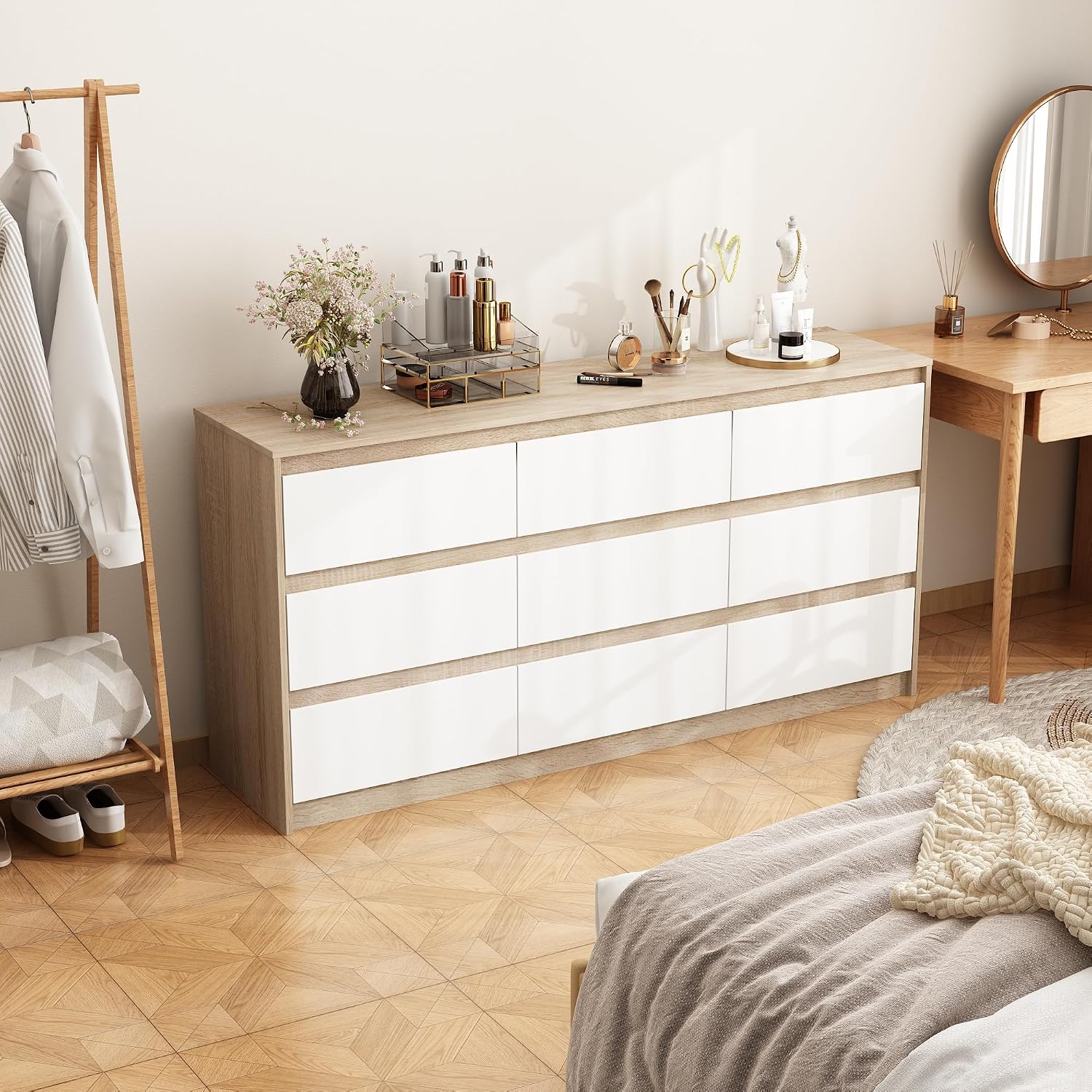 9 Drawer Dresser for Bedroom with Deep Drawers, Large Floor Wood Dressers & Chest of Drawers Handle Free, Modern Long Dressers for Closet Living Room, Wood Color (63' W x 15.7' D x 31.5' H)