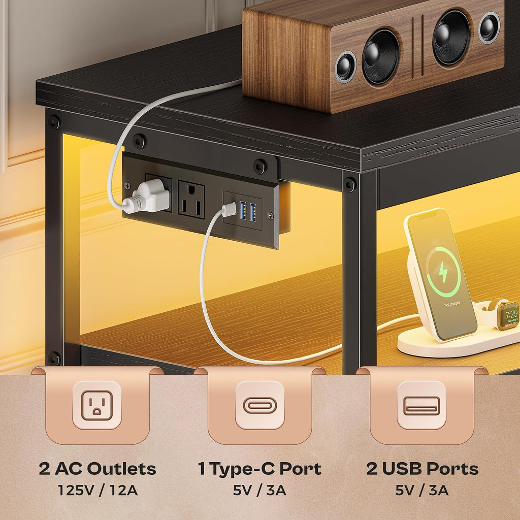 Huuger LED TV Stand for Bedroom, 55 Inch Fabric Dresser with Power Outlets, Entertainment Center for 60, 55, 50 Inch TV, 6 Drawer Dresser for Bedroom, Chest of Drawers with Shlef, PU Leather, Black