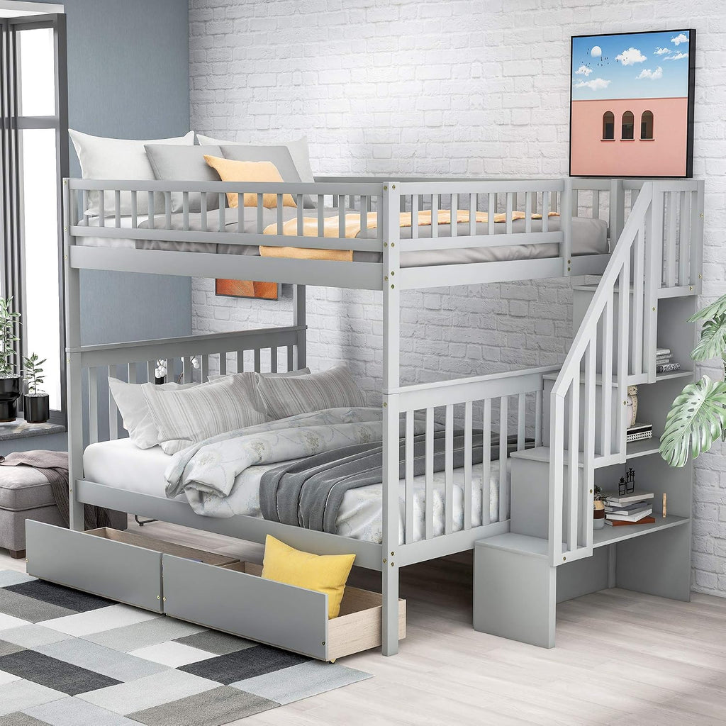 Harper & Bright Designs Full Over Full Stairway Bunk Bed with Two Drawers and Storage, Solid Wood Full Bunk Bed, No Box Spring Required（Grey）