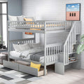Harper & Bright Designs Full Over Full Stairway Bunk Bed with Two Drawers and Storage, Solid Wood Full Bunk Bed, No Box Spring Required（Grey）