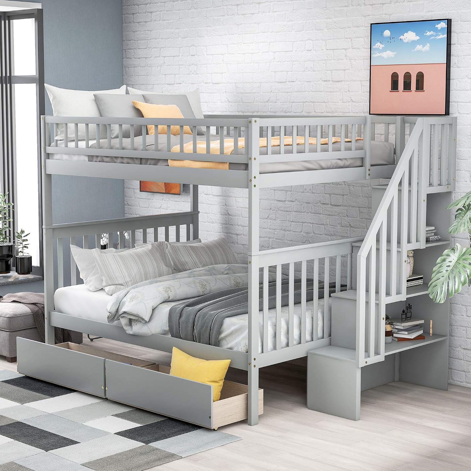 Harper & Bright Designs Full Over Full Stairway Bunk Bed with Two Drawers and Storage, Solid Wood Full Bunk Bed, No Box Spring Required（Grey）
