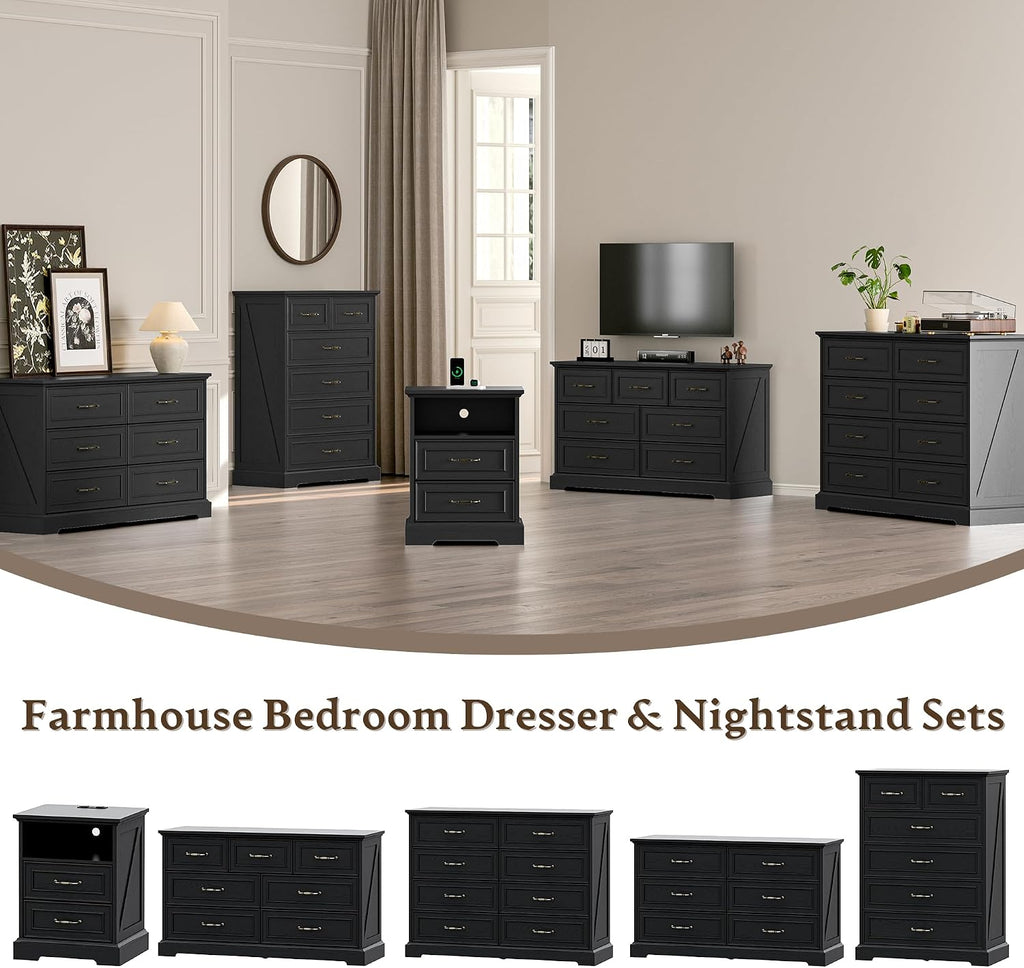 Farmhouse 6 Drawers Dresser for Bedroom, 43' Tall Wood Chest of Drawers with Deep Drawers & Bar Handles, Modern Dresser TV Stand, Rustic Wooden Closet Storage Organizer for Living Room, Hallway, Black