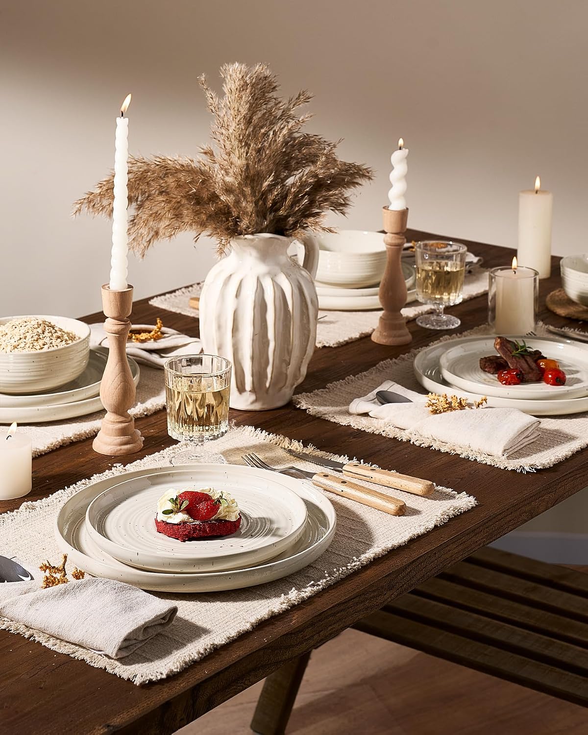 24-Piece Stoneware Reactive Glaze Dinnerware Set, Flared Plates & Bowls with Speckles & Spirals, Chip & Scratch Resistant Dishes, Dishwasher Safe, Service for 8, Gift Box, Shell Beige