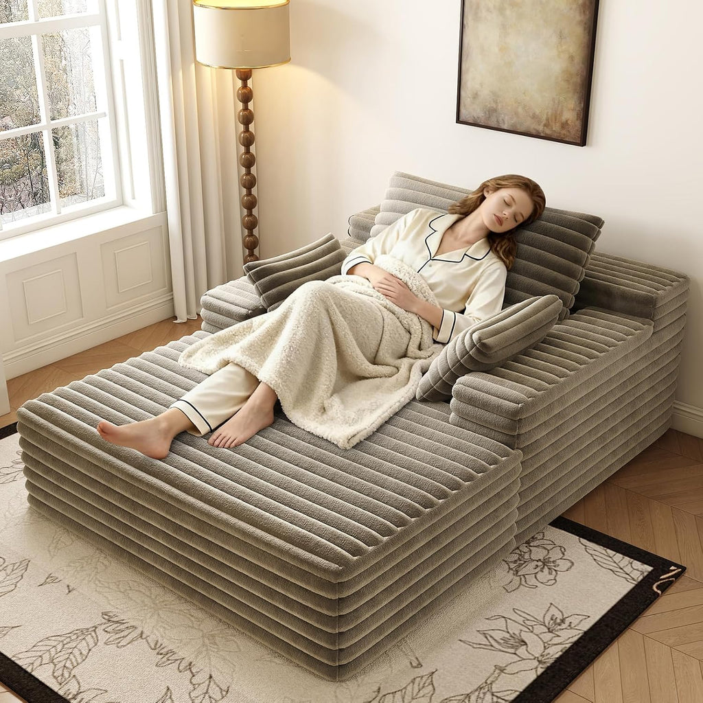 Oversized Chaise Lounge Chair Indoor, 62.6' Cloud Boneless Sleeper Couch Corduroy Upholstered Sofa Bed Deep Seat Comfy Reading Chair with 3 Pillows for Living Room Bedroom, Camel
