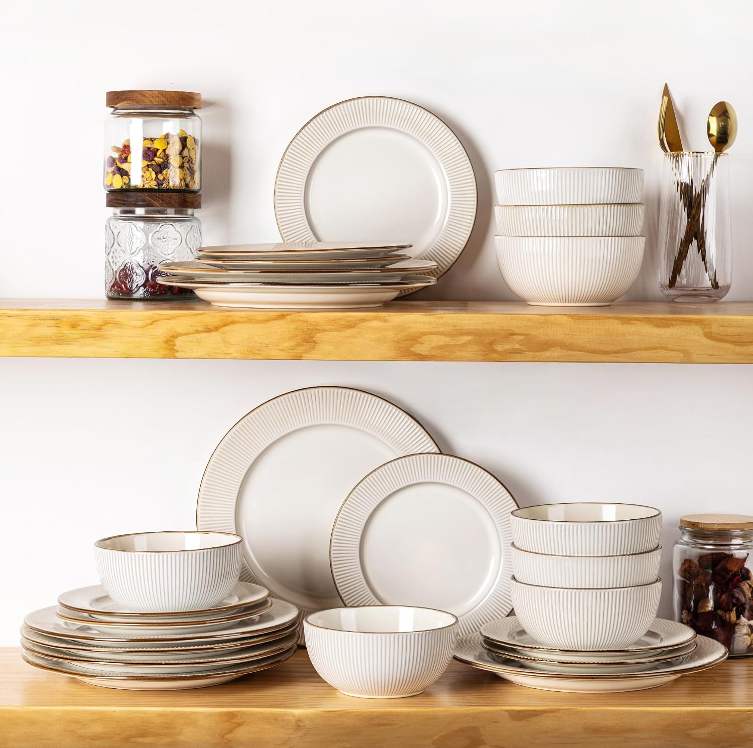 GBHOME Ceramic Dinnerware Sets, 24 pcs Embossed Elegant Stoneware Plates and Bowls Sets, Housewarming Wedding Gift | Dishwasher & Microwave Safe | Dishes Set Service for 8