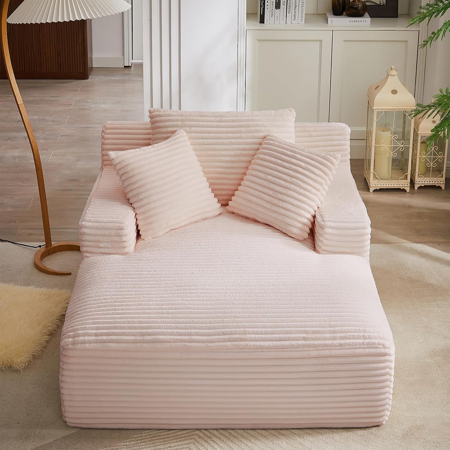 Oversized Chaise Lounge Chair Indoor, 66' Cloud Boneless Sleeper Couch Corduroy Upholstered Sofa Bed Deep Seat Comfy Reading Chair with 3 Pillows for Living Room Bedroom, Pink