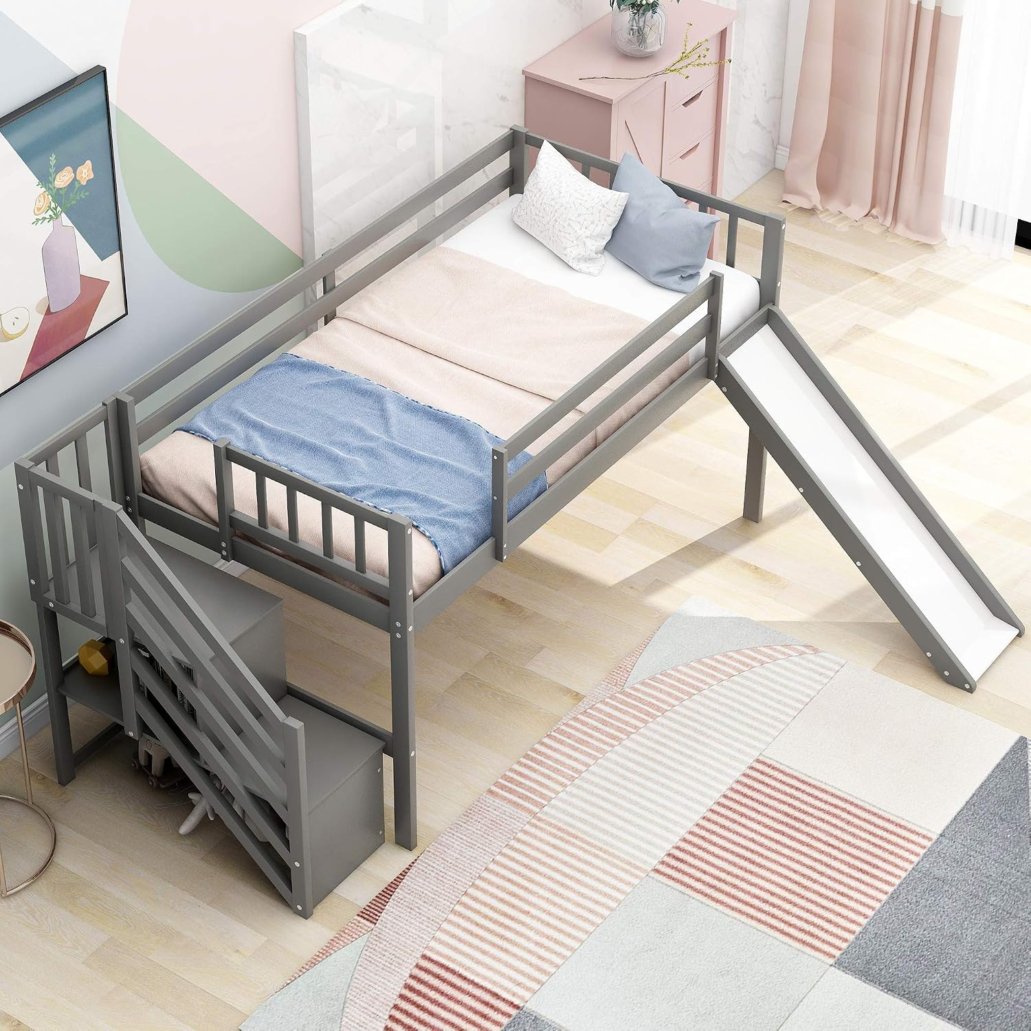 Twin Low Loft Bed with Adjustable Slide/Staircase/Storage Shelves for Kid/Boy/Girl/Teens, Full-Length Guardrails, Solid Wood, Space-Saving (Gray+Low Loft Bed)