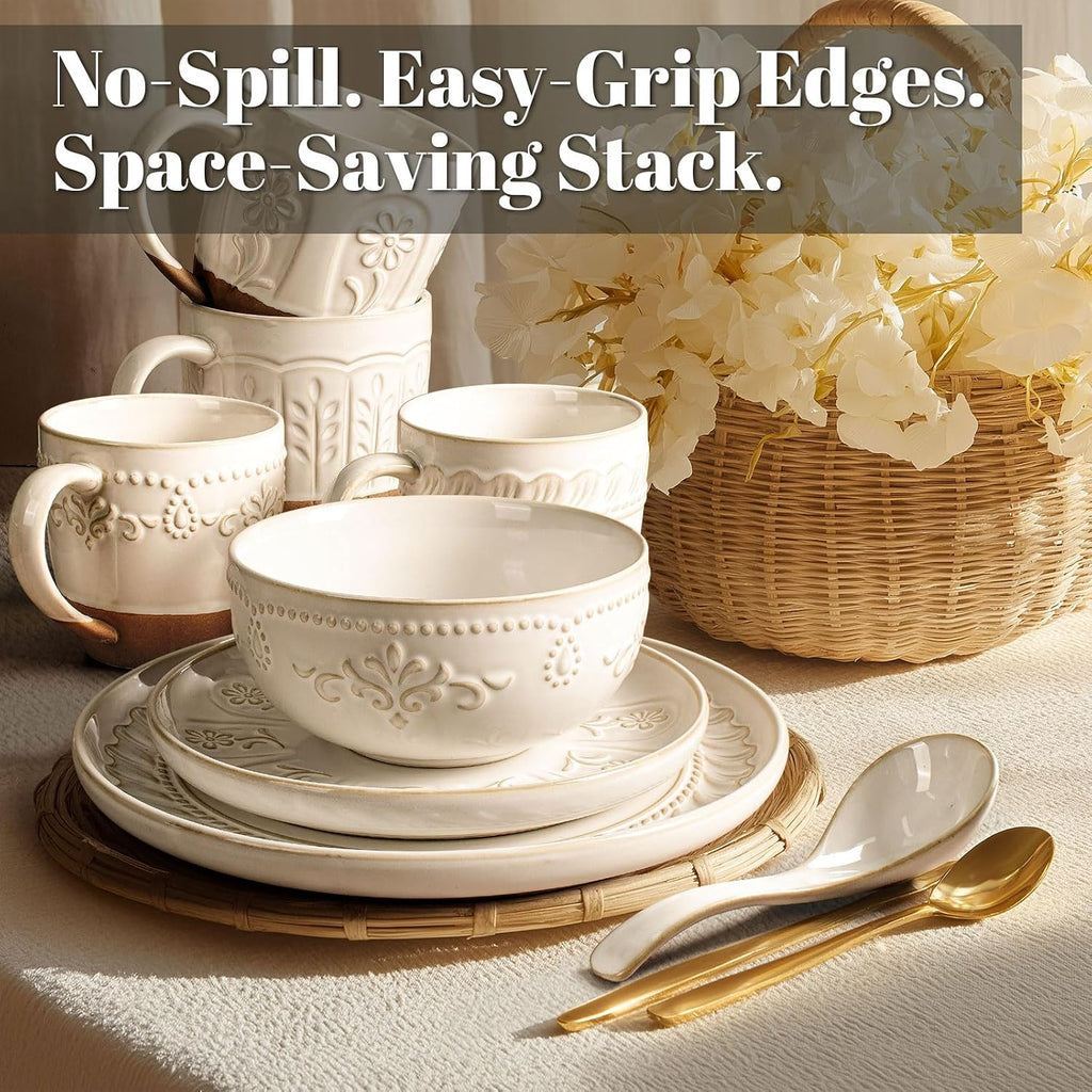 Artena Plates And Bowls Sets, 24 Pieces Dinnerware Sets, Dish Set For 6, Ceramic Kitchen Bowl And Plate Set, Embossed White Dishware Sets, Dishwasher & Microwave Safe (Damask Floral) (With Mugs)