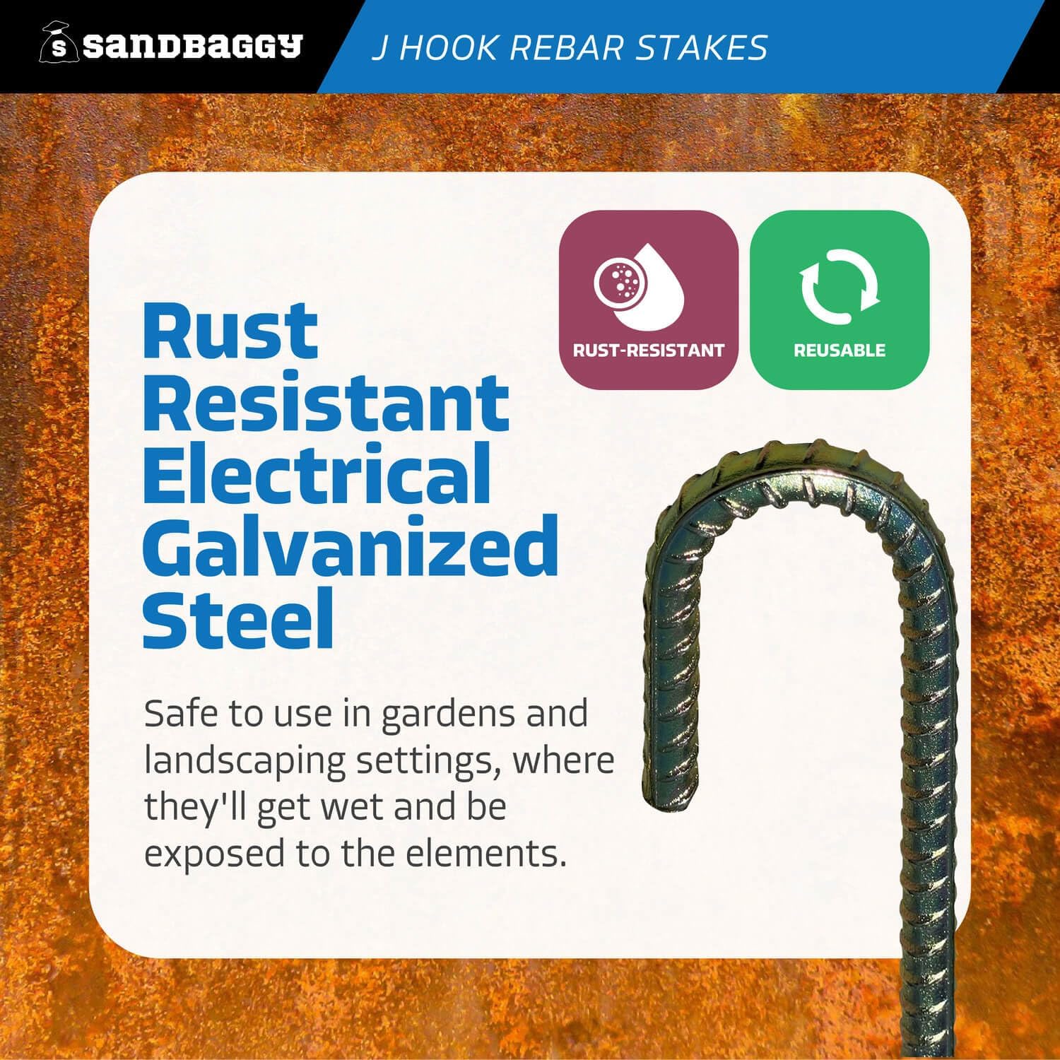 Sandbaggy 24' J Hook Rebar Stakes - 1/2' Diameter (#4 Rebar) - Ground Anchors for Tents, Gardens, Fences, Holiday & Christmas Decorations - Galvanized Steel (J-Shape - 24', 30, Count)