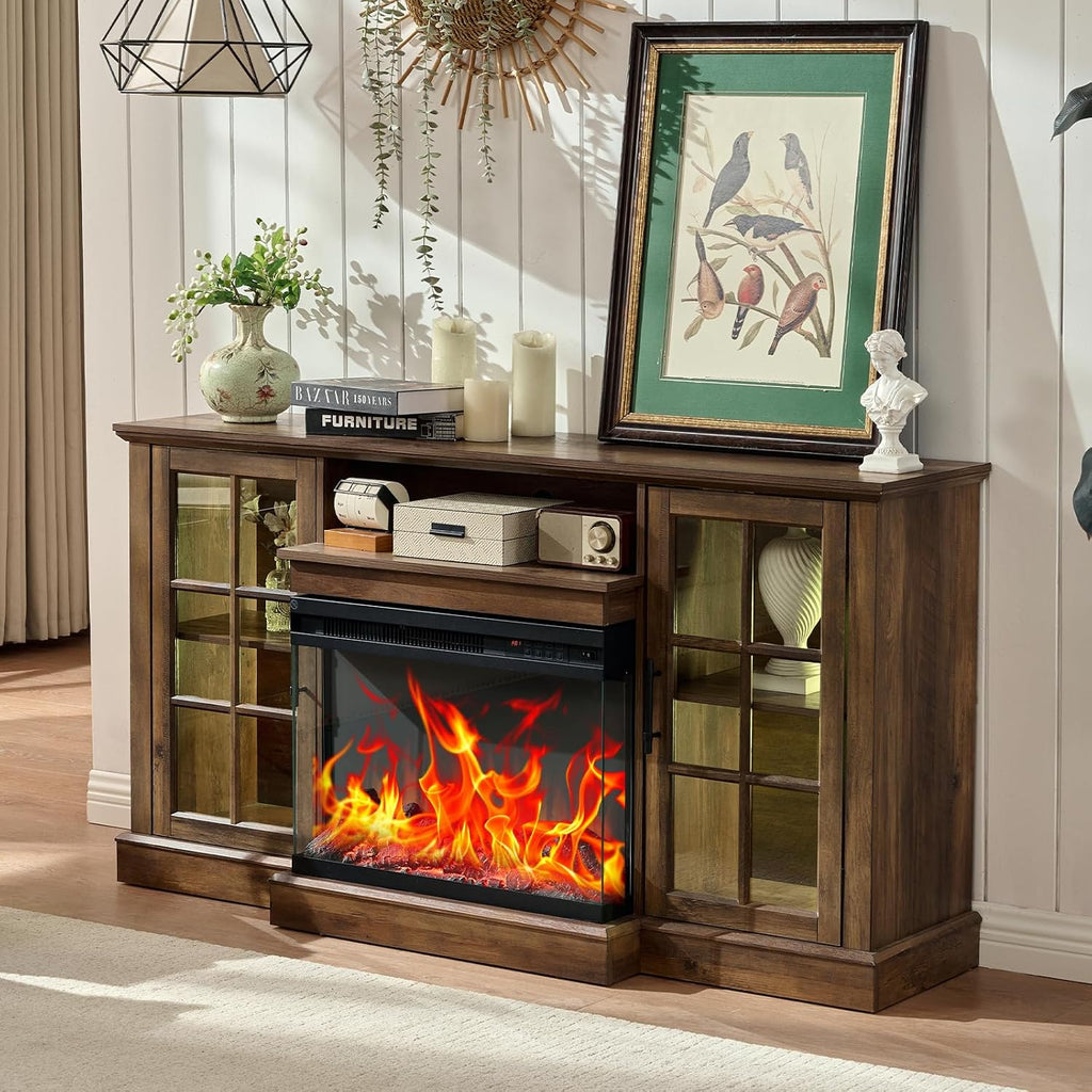 ROCKPOINT 3 Sided Glass 59' Fireplace TV Stand for TVs up to 65 Inch, Media Entertainment Center with Glass Door Storage Cabinet, 24' Electric Fireplace with LED Light and Flame Colors, Espresso