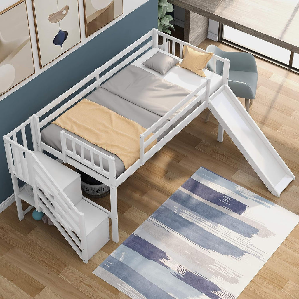 Twin Low Loft Bed with Adjustable Slide/Staircase/Storage Shelves for Kid/Boy/Girl/Teens, Full-Length Guardrails, Solid Wood, Space-Saving (White+Low Loft Bed)