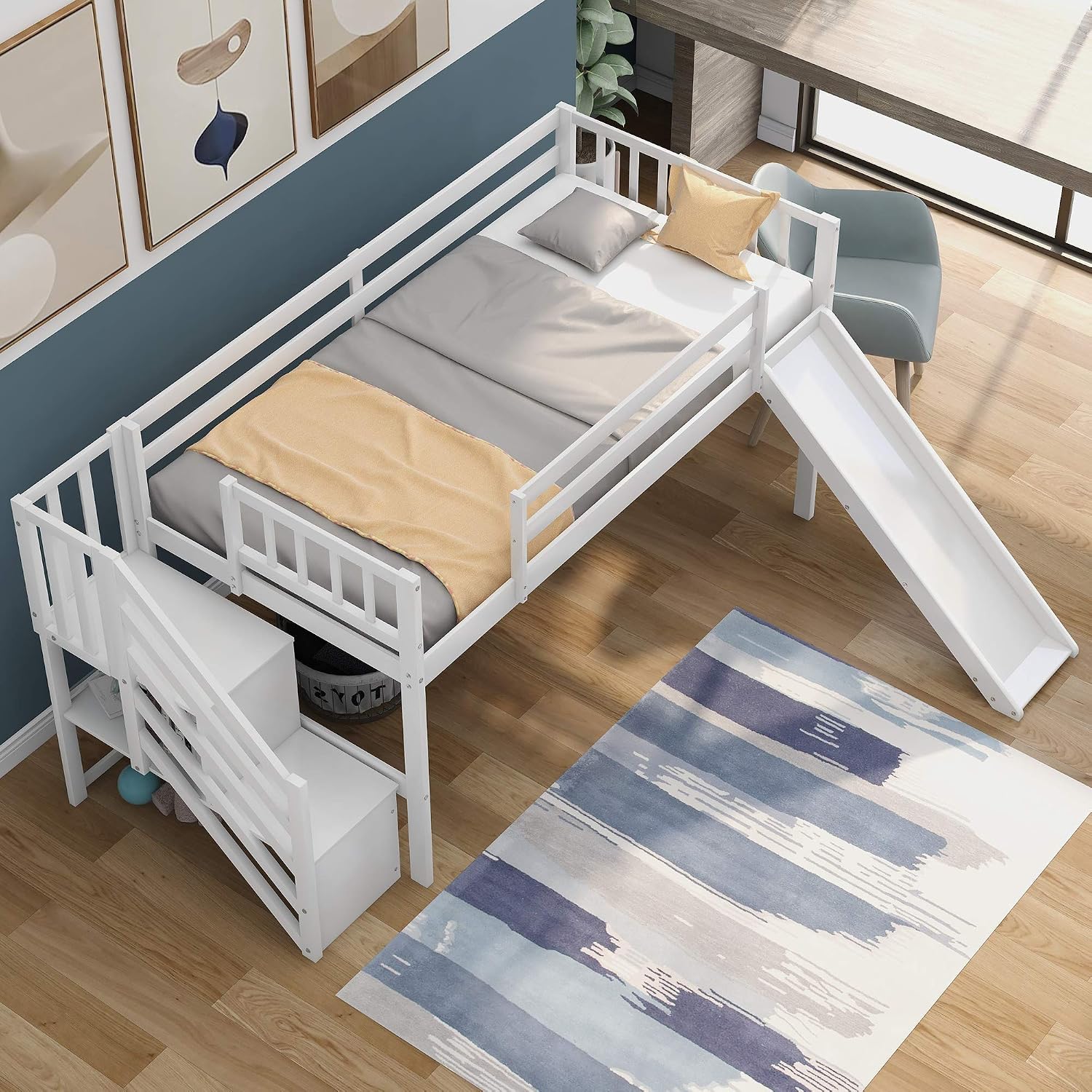 Twin Low Loft Bed with Adjustable Slide/Staircase/Storage Shelves for Kid/Boy/Girl/Teens, Full-Length Guardrails, Solid Wood, Space-Saving (White+Low Loft Bed)