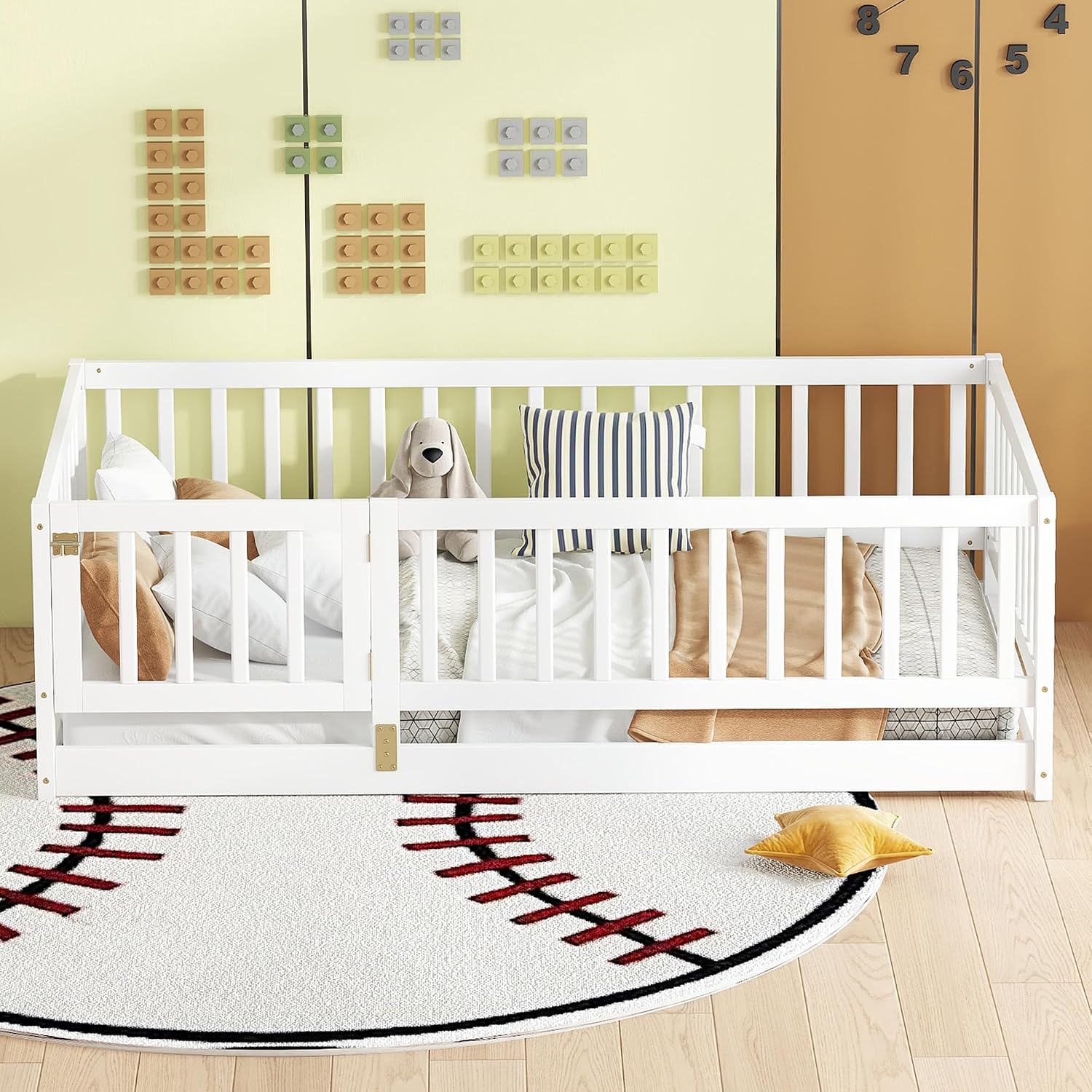 KEIKI Twin Size Wooden Floor Bed, Montessori Platform Bed Frame with Door & Safety Rails, Space Saving Kids Beds for Boys Girls Bedroom, No Box Spring Needed, Easy Assembly, Noise Free, White