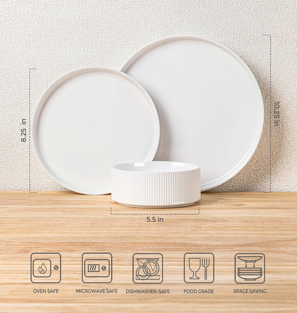 TheTerra Ceramic Dinnerware Sets for 8, 24 Pieces Porcelain Lightweight Plates and Bowls Sets, Scratch Resistant Dish Set, Oven & Microwave & Dishwasher Safe, Bright White