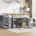 Twin Loft Bed, Multifunctional Loft Bed with Drawer Cabinet, Shelf Cabinet and Pulling-Out Desk, Flexible Under-bed Storage Space, Rubber Wood Loft Bed with Safety Guardrail and Ladder (Grey/261)