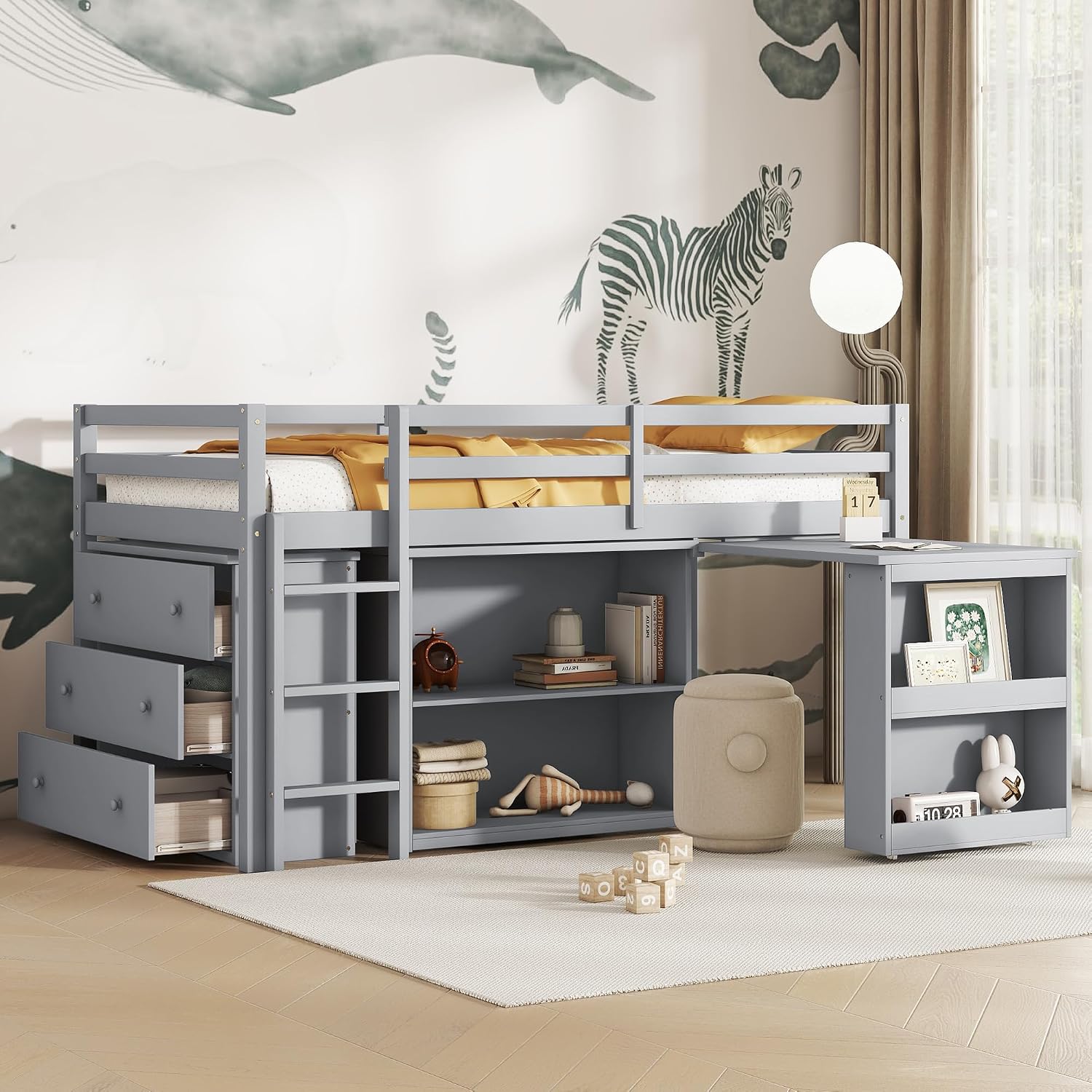 Twin Loft Bed, Multifunctional Loft Bed with Drawer Cabinet, Shelf Cabinet and Pulling-Out Desk, Flexible Under-bed Storage Space, Rubber Wood Loft Bed with Safety Guardrail and Ladder (Grey/261)