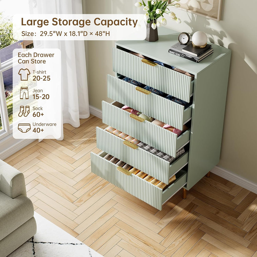 GarveeHome Green Dresser, Modern 5 Drawer Dresser for Bedroom with Gold Handle and Large Drawer, Wood Double Chest of Drawers and Storage Organizer for Living Room, Hallway, Entryway