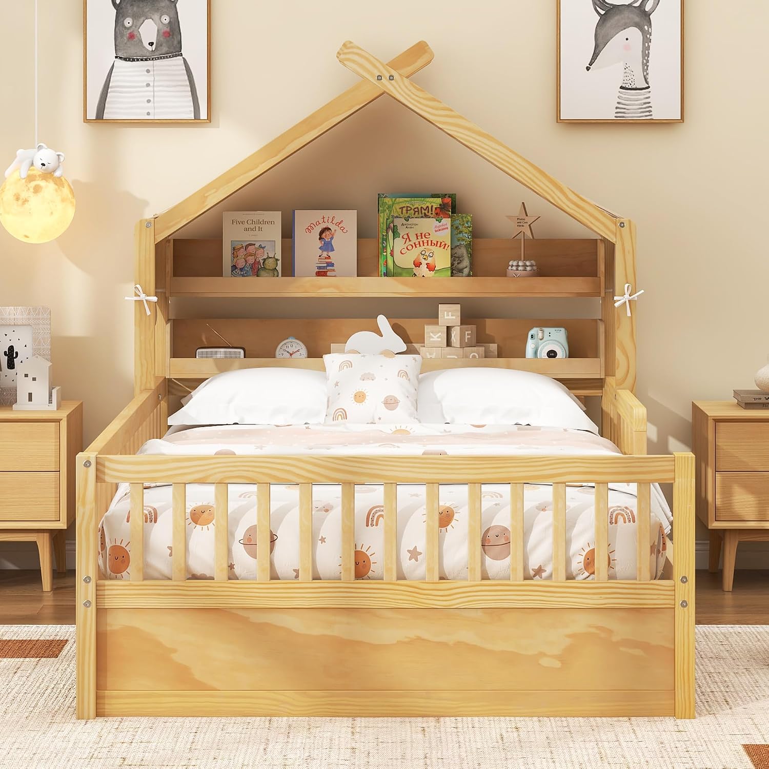 Merax Twin Size House Bed with Storage Headboard Shelf & Removable Canopy, Wooden Platform Bed Frame with Guardrail for Boys Girls Teens Bedroom Use, No Box Spring Needed, Natural