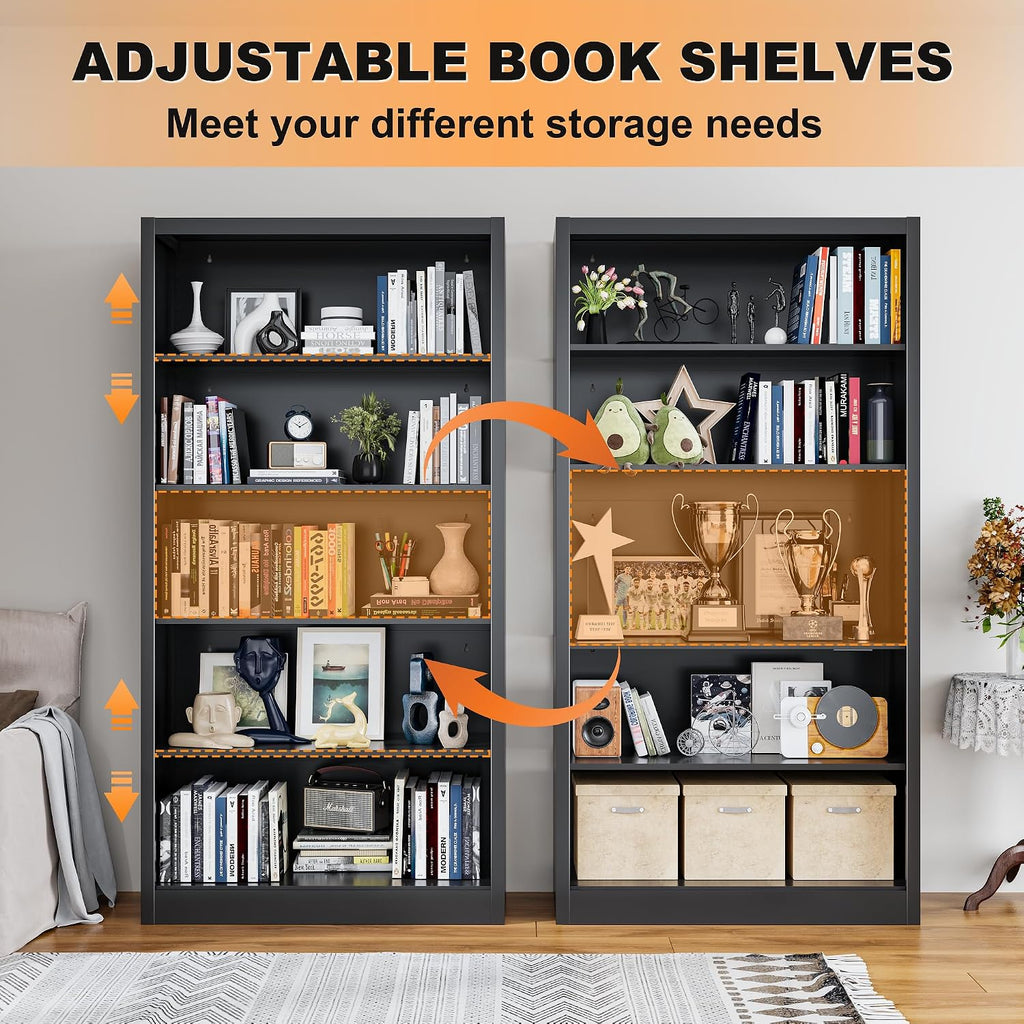 VASAAOSD Black Bookshelf, 55' Adjustable Tall Metal Bookshelf, 5-Tier Toy Storage Organizer with Anti-Tilt Device, Modern Book Cases and Book Shelves for Bedroom, Playroom, Classroom, Study