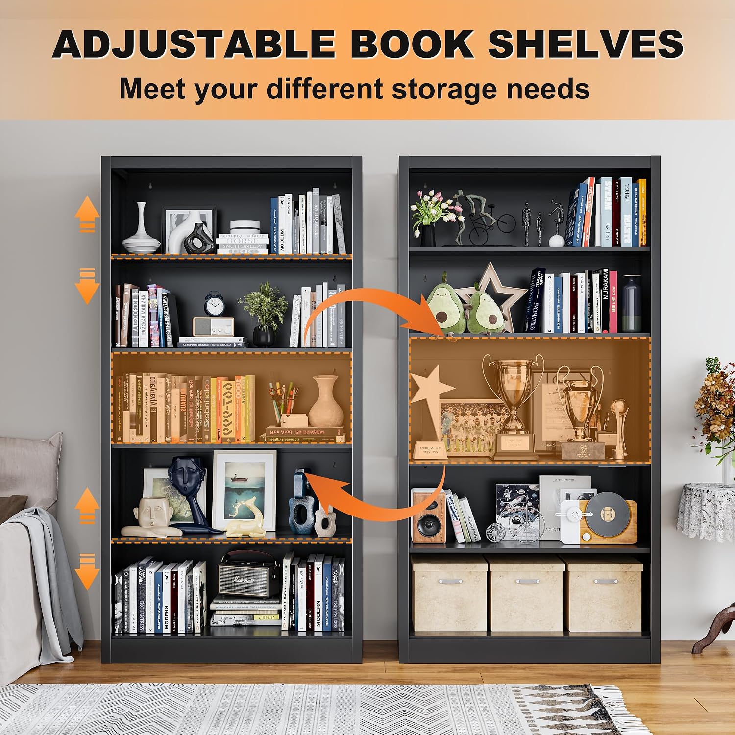 VASAAOSD Black Bookshelf, 55' Adjustable Tall Metal Bookshelf, 5-Tier Toy Storage Organizer with Anti-Tilt Device, Modern Book Cases and Book Shelves for Bedroom, Playroom, Classroom, Study