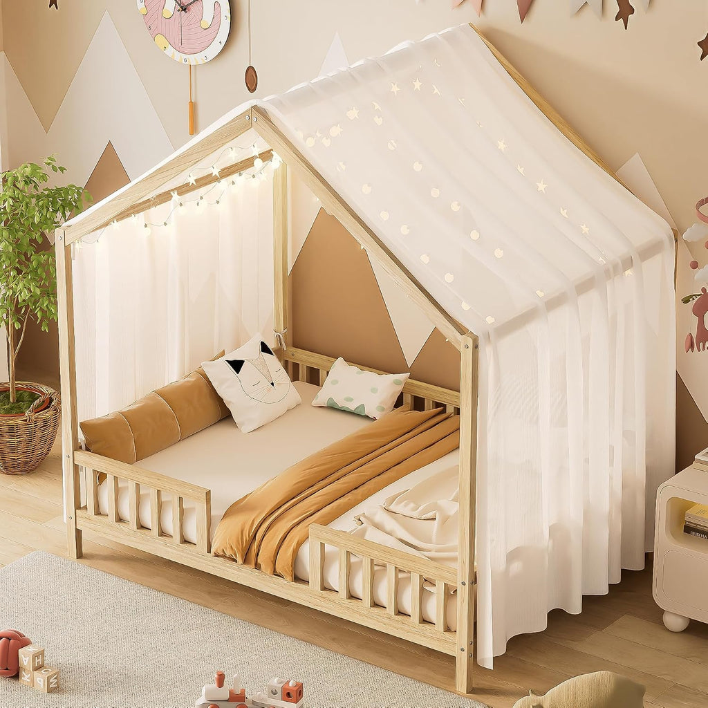 Full Size House-Shape Bed with Canopy and High Railings, Wood Kids Bed Frame with Roof (Natural, Full)