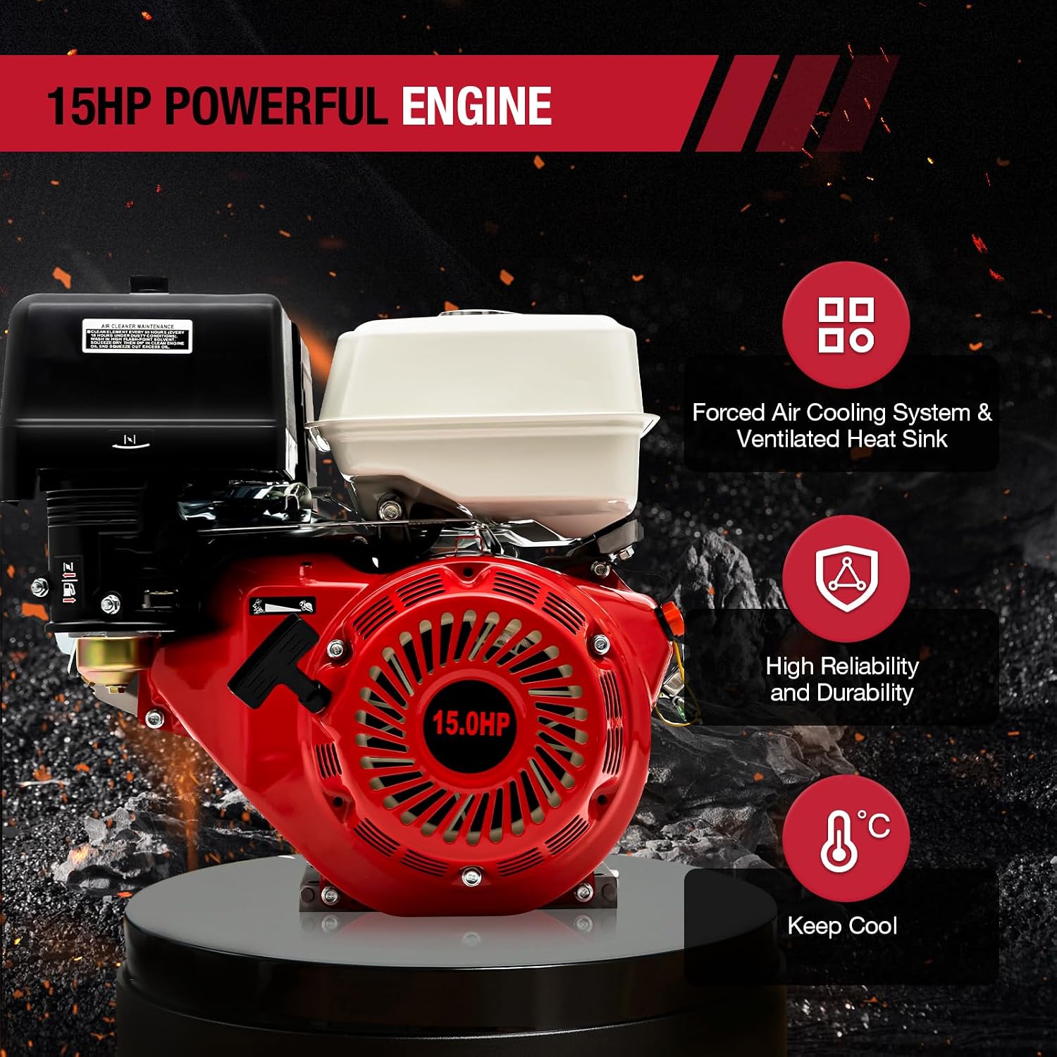 Gas Engine 15HP, 420CC Gas Powered 4 Stroke Multi-Use Engine Pull Start Air Cooled (15HP, 420CC, Red)