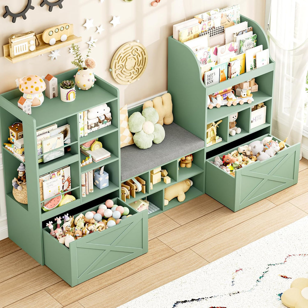 FINETONES 75' W Kids Bookshelf with Reading Nook, Large Toy Storage Toy Organizer with Seat Cushion and 2 Movable Drawers, Kids Reading Nook Kid Bench for Playroom Living Room, Green