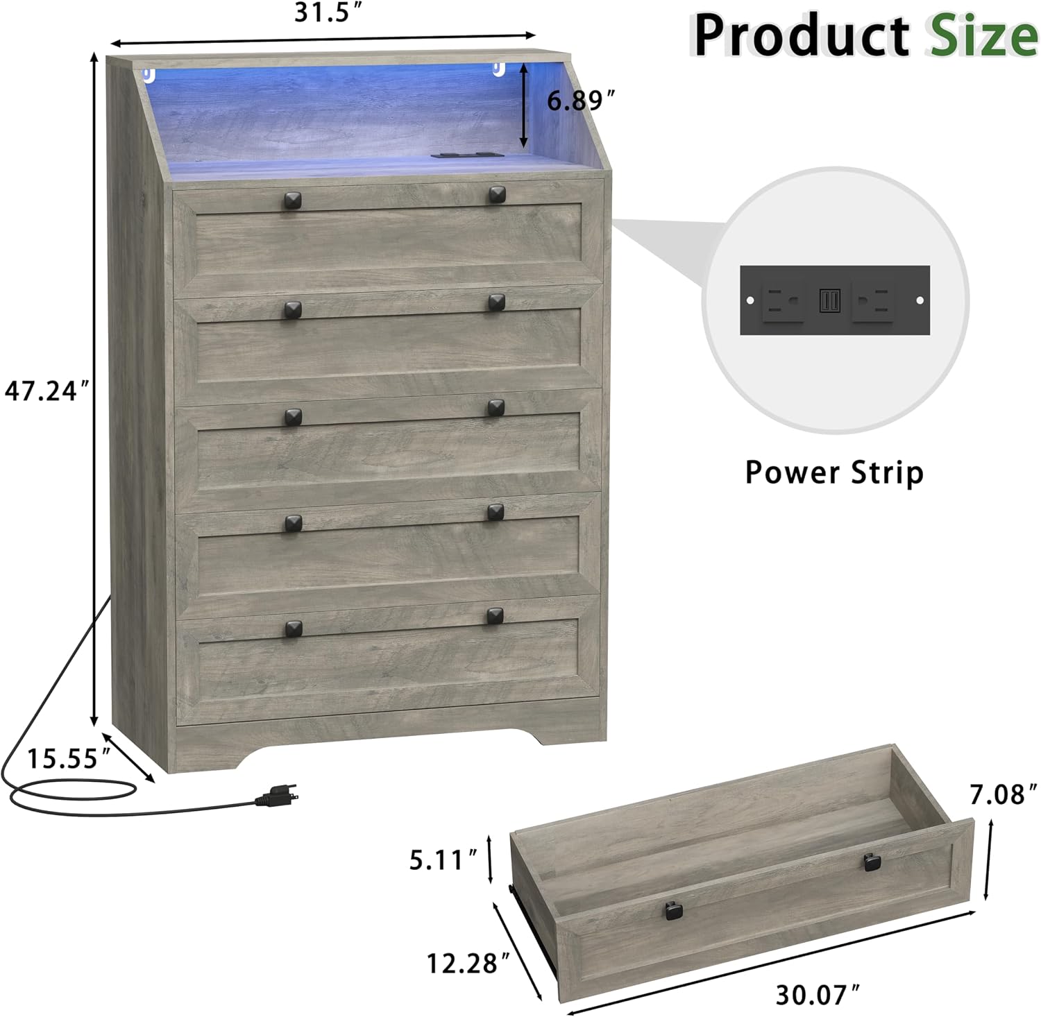Wodeer Grey Dresser Tall 5 Drawer Dresser for Bedroom, Wood Chest of Drawers with LED Lights, Charging Station, Metal Handles, Modern Storage Cabinet and Organizer Drawers for Living Room, Hallway