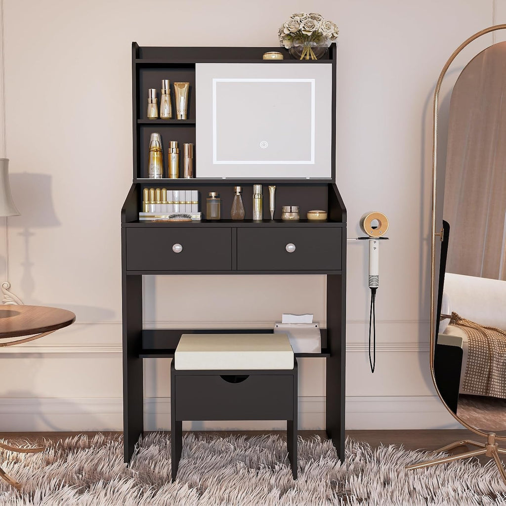 Viaozutis Vanity, Small Vanity Desk with Sliding Mirror, Dimmable LED Lights, 2 Drawers,Vanity Table Ideal for Bedroom (Black)