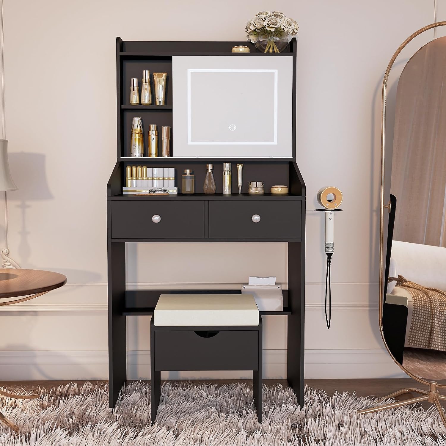 Viaozutis Vanity, Small Vanity Desk with Sliding Mirror, Dimmable LED Lights, 2 Drawers,Vanity Table Ideal for Bedroom (Black)