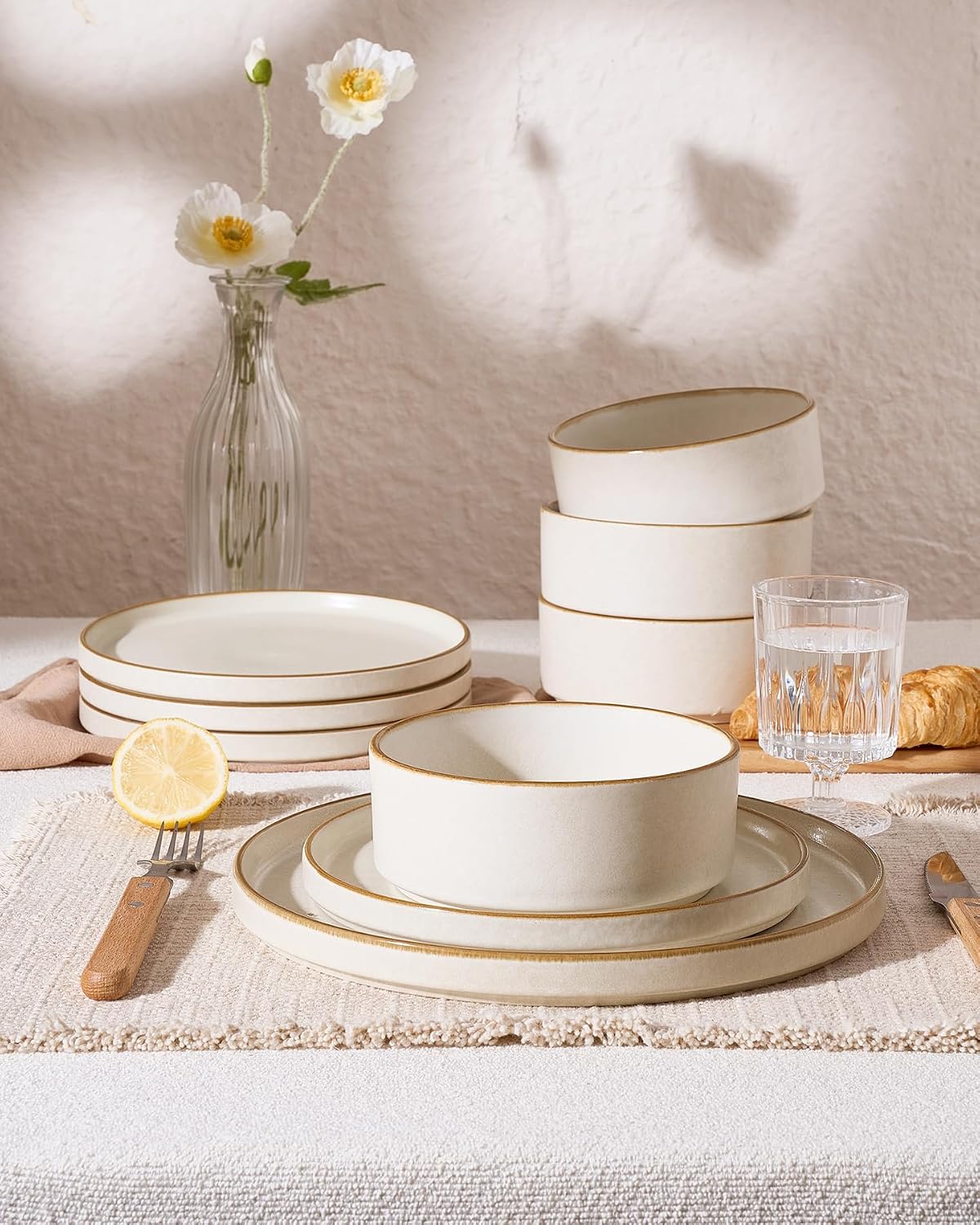 Famiware Nebula Plates and Bowls Sets, 24 Pieces Stoneware Dinnerware Sets, Reactive Glaze Dish Set, Dishes Set for 8, Matte Beige White with Brown Rim