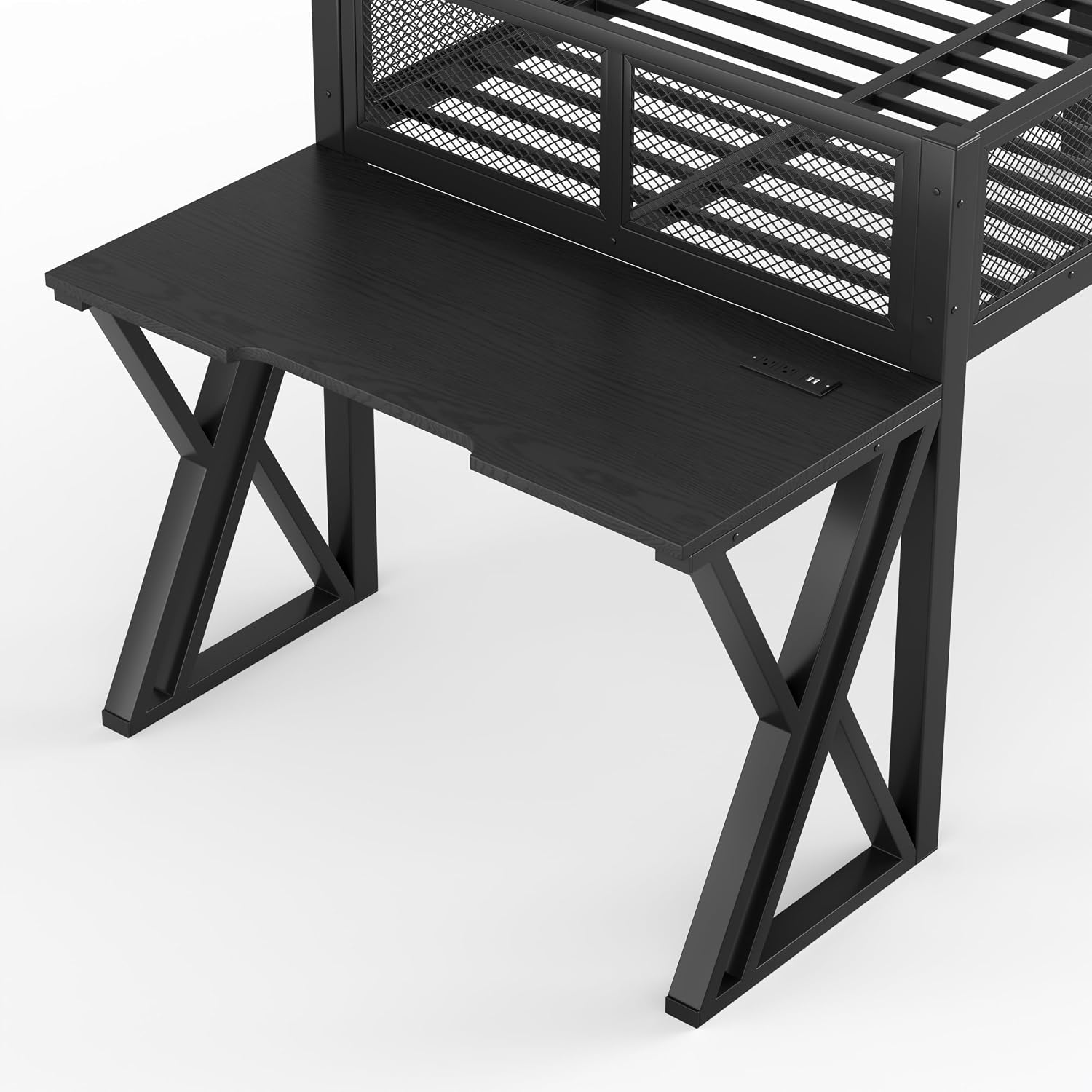 Twin XL Size Gaming Loft Bed with Desk of X-Shaped Leg, LED Lights & USB Ports, Space-Saving Low Metal Loft Bed Frame with Ladder & Mesh Guardrail for Dorm, Bedroom & Gaming Setups (Black-03, Twin XL)