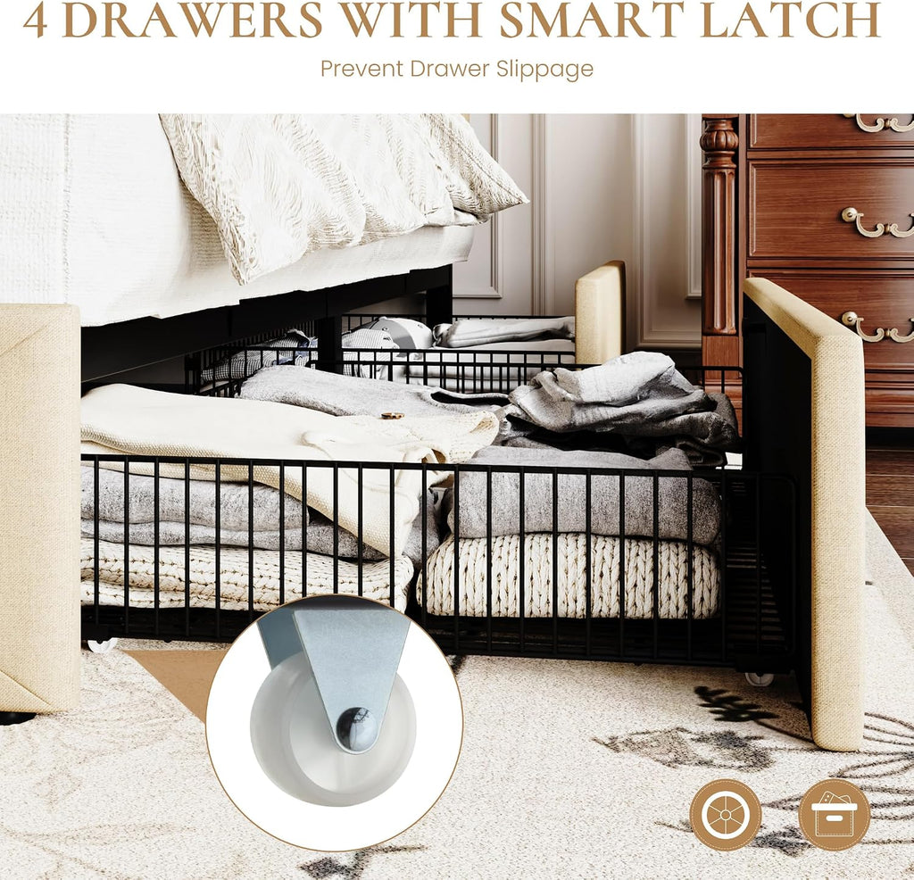 SHA CERLIN Upholstered Full Size Platform Bed Frame with 4 Storage Drawers, Adjustable Headboard with Diamond Stitched Button Tufted Design, Wooden Slat Support, No Box Spring Needed, Beige